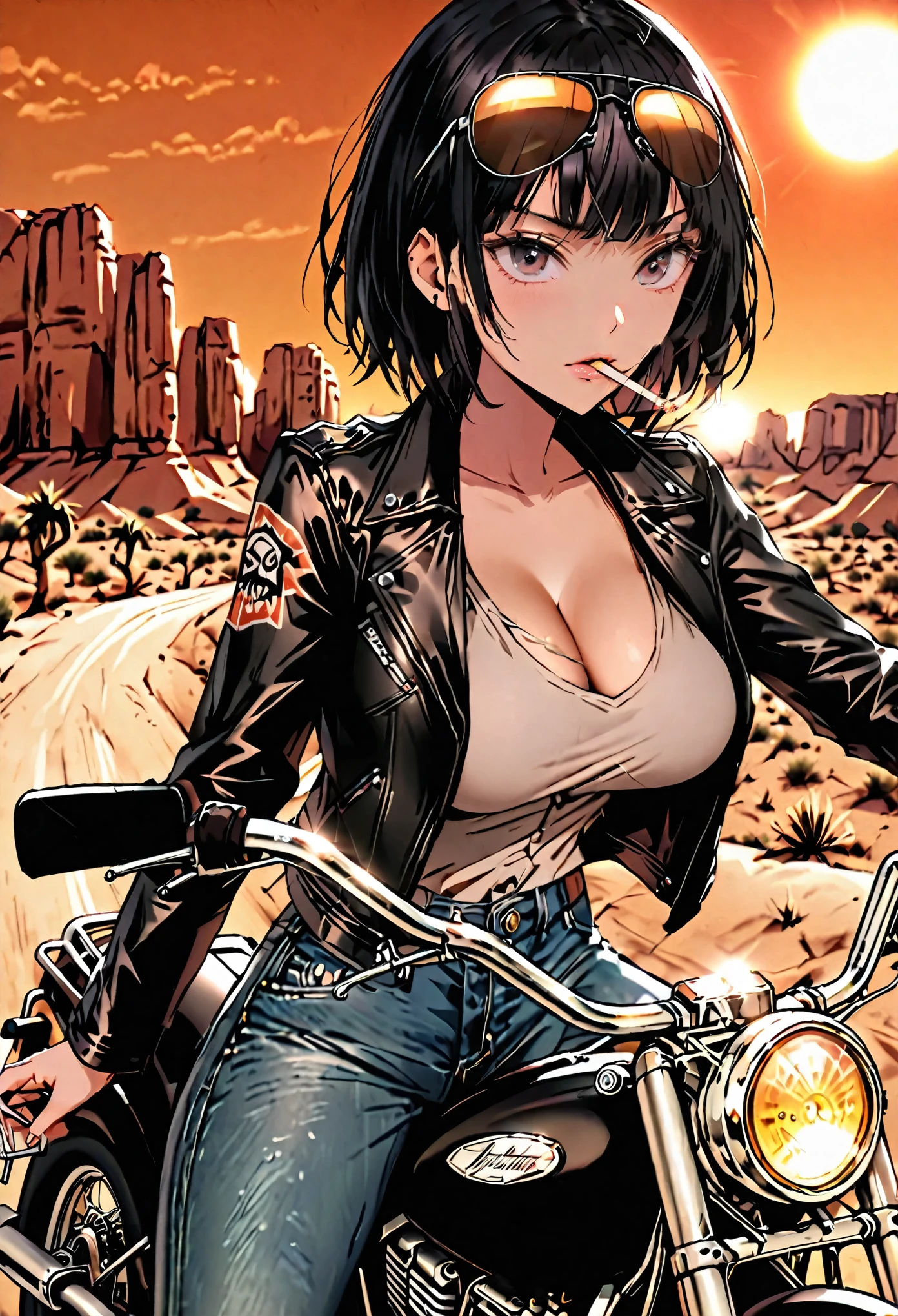 female, short messy black hair, cigarette in mouth, black leather jacket, worn jeans, leather boots, riding chopper motorcycle, desert landscape, sun above, bike gang, close up, huge