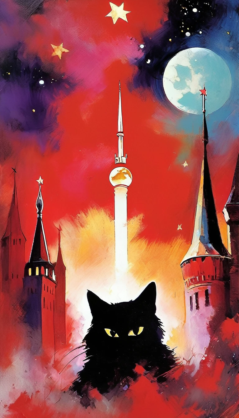 1communist cat, red star, magic, fantastic, night sky, moon, stars, background, Moscow (art inspired in Bill Sienkiewicz). oil painting)
