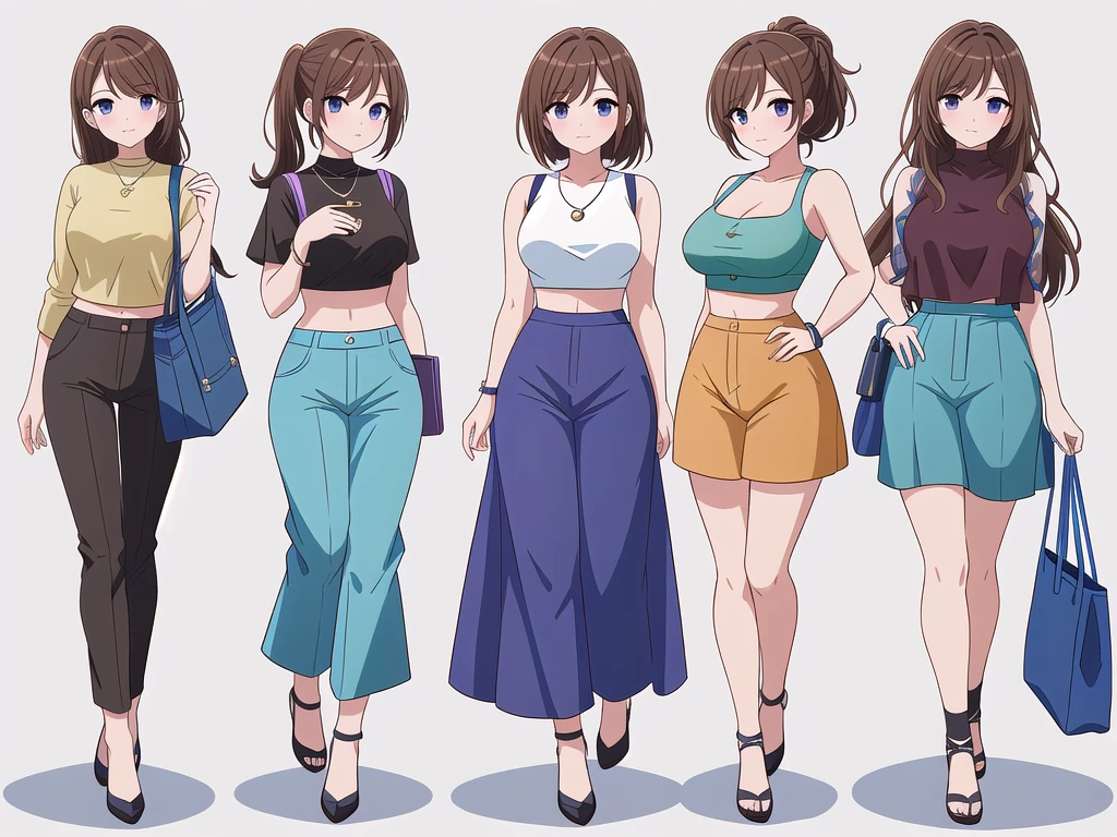 (((Best Quality))) , ((full body)), 4 lady, adult woman, multiple views, (((white background,))) variety of hairstyles, variety of fashion styles, seductive pose, fashionable and trendy atmosphere, holding bag, walk pose, dark blue/dark orange/dark green/dark violet/brown/white, short pants, crop top,