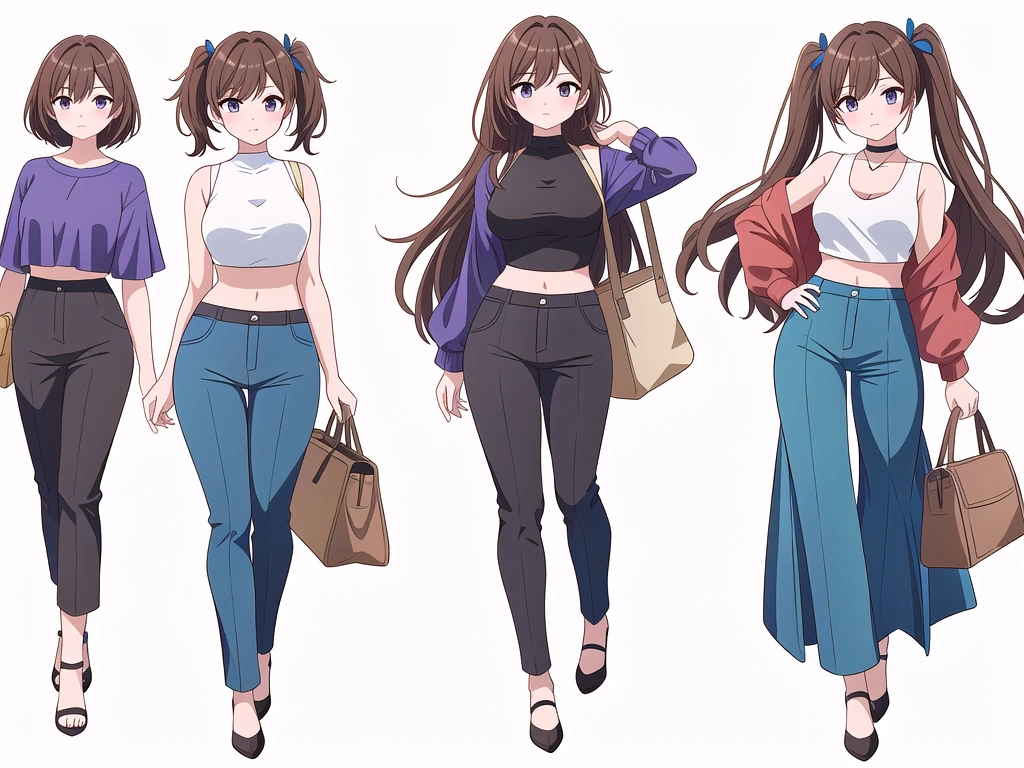 (((Best Quality))) , ((full body)), 4 lady, adult woman, multiple views, (((white background,))) variety of hairstyles, variety of fashion styles, seductive pose, fashionable and trendy atmosphere, holding bag, walk pose, dark blue/dark orange/dark green/dark violet/brown/white, short pants, crop top,