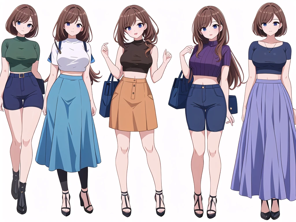 (((Best Quality))) , ((full body)), 4 lady, adult woman, multiple views, (((white background,))) variety of hairstyles, variety of fashion styles, seductive pose, fashionable and trendy atmosphere, holding bag, walk pose, dark blue/dark orange/dark green/dark violet/brown/white, short pants, crop top,