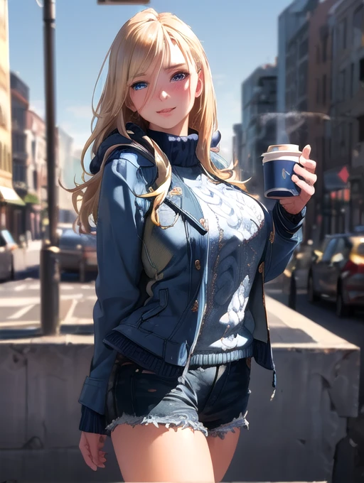 (masterpiece, best quality:1.4), (modern days), (cowboy shot), 1girl, solo, pov, sfw,
stunning girlfriend, (standing:1.1), dynamic pose, (white oversized sweater, knit sweater:1.4), (tight yoga pa, (short navy blue jacket, denim jacket:1.4), long blonde hair, swept bangs, heart shaped face, elegant face, beautiful face, highly detailed face, highly detailed skin, skin pores, subsurface scattering, (detailed blue eyes), realistic pupils, large breast, loving smile, looking at viewer, full face blush, full lips, holding a single coffee cup, centered,
coffee shop in background, city street, sunny day, wind, detailed background, depth of field, atmospheric perspective, volumetric lighting, sharp focus,
absurdres, realistic proportions, good anatomy, (realistic, hyperrealistic:1.4), 16k hdr,