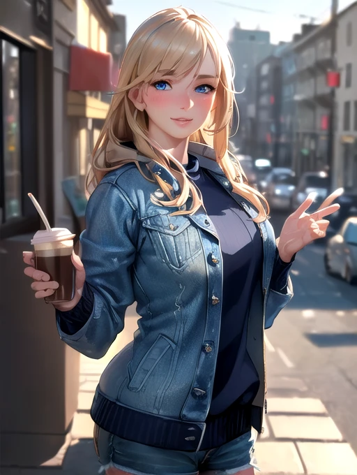 (masterpiece, best quality:1.4), (modern days), (cowboy shot), 1girl, solo, pov, sfw,
stunning girlfriend, (standing:1.1), dynamic pose, (white oversized sweater, knit sweater:1.4), (tight yoga pa, (short navy blue jacket, denim jacket:1.4), long blonde hair, swept bangs, heart shaped face, elegant face, beautiful face, highly detailed face, highly detailed skin, skin pores, subsurface scattering, (detailed blue eyes), realistic pupils, large breast, loving smile, looking at viewer, full face blush, full lips, holding a single coffee cup, centered,
coffee shop in background, city street, sunny day, wind, detailed background, depth of field, atmospheric perspective, volumetric lighting, sharp focus,
absurdres, realistic proportions, good anatomy, (realistic, hyperrealistic:1.4), 16k hdr,