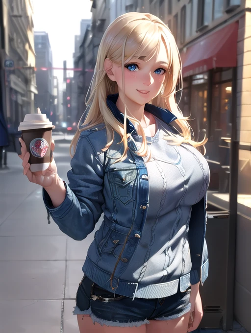 (masterpiece, best quality:1.4), (modern days), (cowboy shot), 1girl, solo, pov, sfw,
stunning girlfriend, (standing:1.1), dynamic pose, (white oversized sweater, knit sweater:1.4), (tight yoga pa, (short navy blue jacket, denim jacket:1.4), long blonde hair, swept bangs, heart shaped face, elegant face, beautiful face, highly detailed face, highly detailed skin, skin pores, subsurface scattering, (detailed blue eyes), realistic pupils, large breast, loving smile, looking at viewer, full face blush, full lips, holding a single coffee cup, centered,
coffee shop in background, city street, sunny day, wind, detailed background, depth of field, atmospheric perspective, volumetric lighting, sharp focus,
absurdres, realistic proportions, good anatomy, (realistic, hyperrealistic:1.4), 16k hdr,