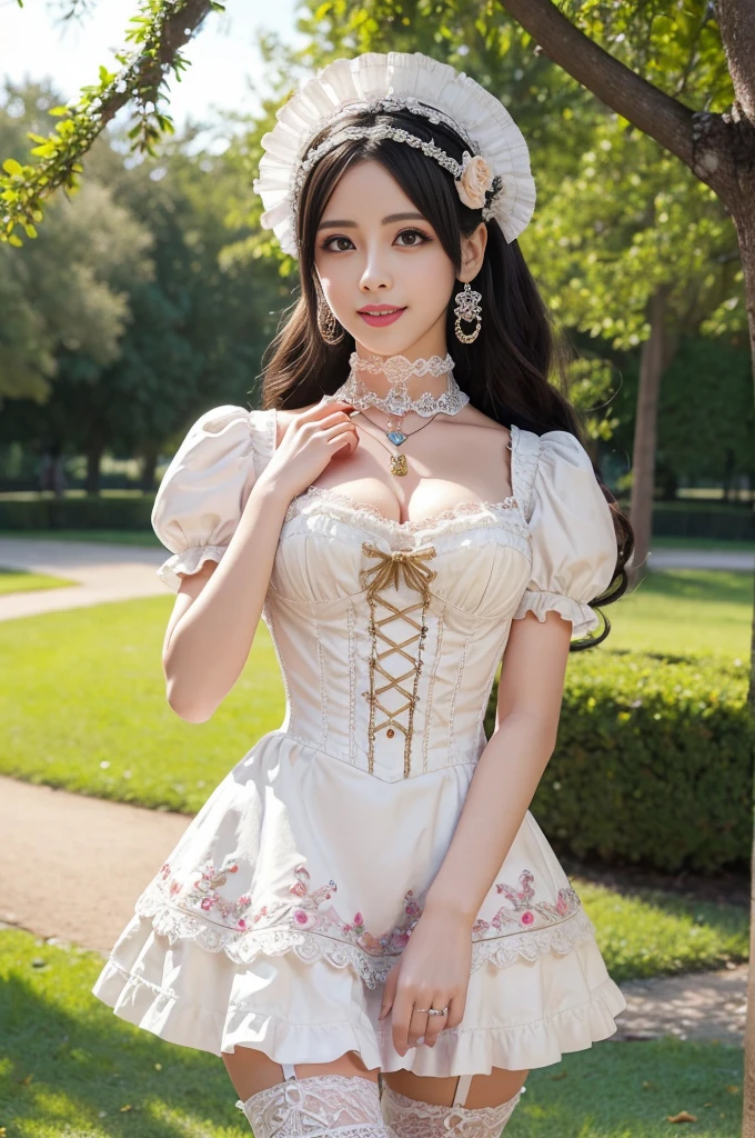 sexy stylish Spanish model, only 1 female, ((doll-like appearance)), ((very detailed Victorian-Style boots)), (happy smile), very detailed eyes, vivid eye makeup, lipgloss, long lashes, defined eyebrows, ((sexy Paradise Kiss cosplay)), bell-shaped skirt, petticoats, high neckline, puffed sleeves, ((very detailed lace)), ((very detailed embroidery)), intricate details, Paradise Kiss accessoires and matching headpiece, Paradise Kiss choker, ((large sparkling Paradise Kiss jewelry)), cinematic light, detailed large park background with trees