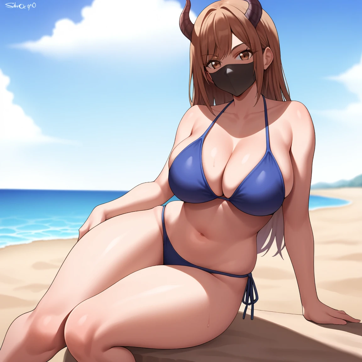 1girl, swimsuit, breasts, bikini, beach, outdoors, horns, mask, blue_hair, solo, long_hair, sitting, mouth_mask, navel, looking_at_viewer, large_breasts, day, sand, ocean, side-tie_bikini_bottom, cleavage, sky, cloud, collarbone, brown_eyes, thighs, skindentation, stomach, bare_shoulders, blue_sky, towel, water