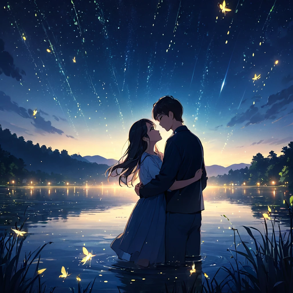 Lake at night with many fireflies.、Young man and woman hugging、fantastic landscape,Cinematic atmosphere,