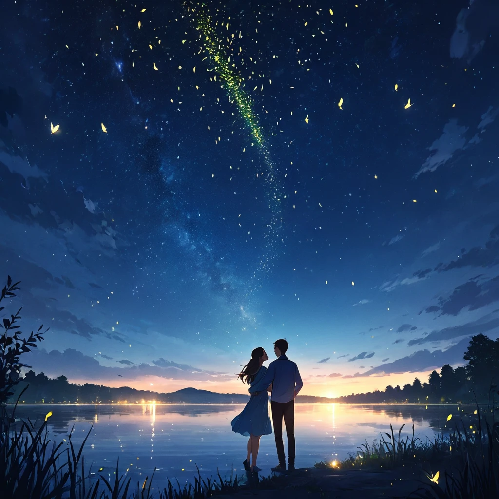 Lake at night with many fireflies.、Young man and woman hugging、fantastic landscape,Cinematic atmosphere,