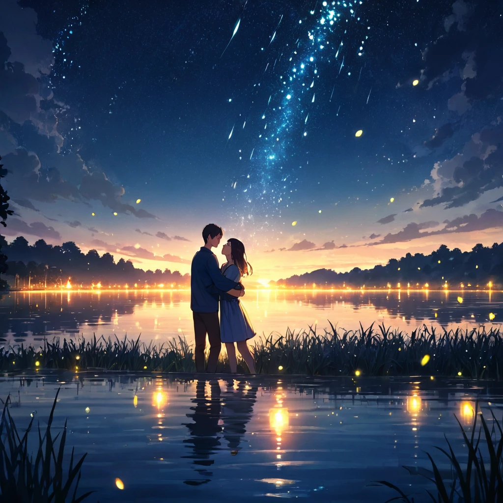 Lake at night with many fireflies.、Young man and woman hugging、fantastic landscape,Cinematic atmosphere,