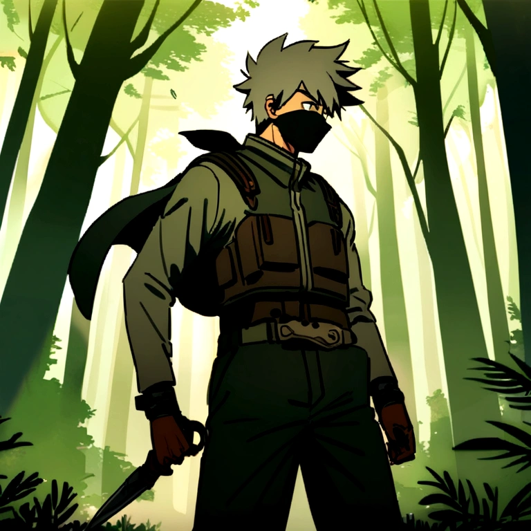 Kakashi holding a dagger in a forest