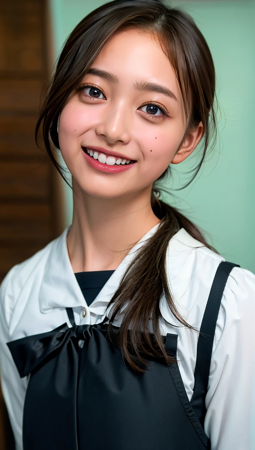 (cowboy shot),Ultra-high resolution,big eyes,(brown eyes),Japanese,(forehead),(a girl),(1 girl),((17 years old)),(cute),pretty,((facing at viewer)),arms behind back,grin,(black school sailor uniform),classroom