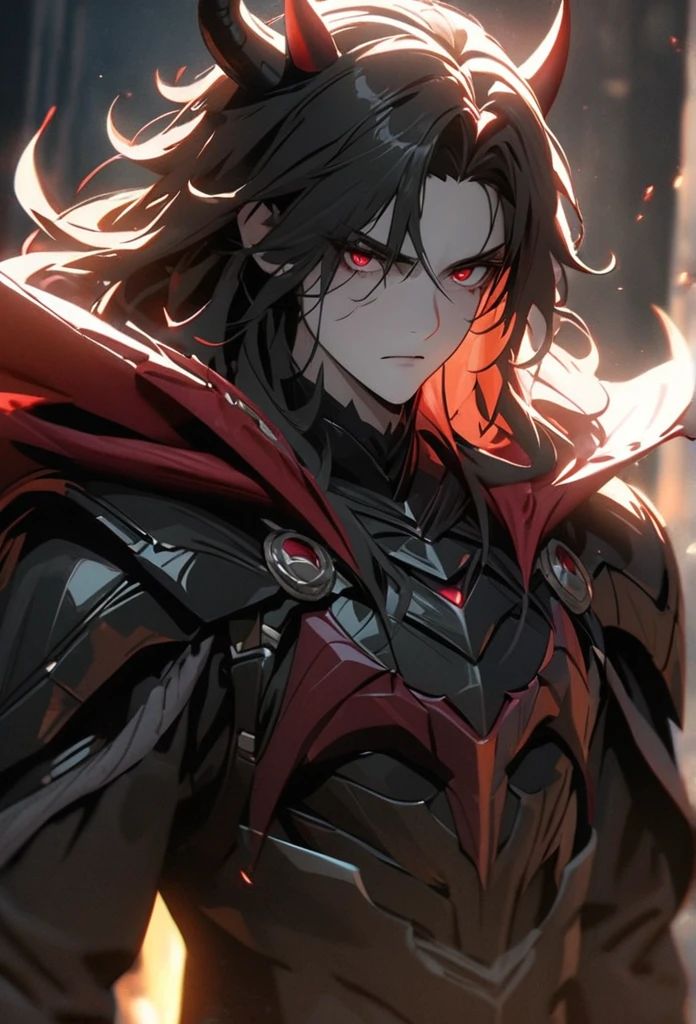 (solo), Demon lord, masculine, black hair, messy hair, mane hair, medium hair, A man bun with long hair, dense hair, wild hair, expressive hair, mature,(25 year old), pale skin, red eyes, ((man)), wearing a black robe, black armor, black demon horns,, serious, handsome, attractive, eye reflection, depth of field, thunder aura,cinematic lighting, ray tracing, depth of field, cinematic lighting, ray tracing, UHD, high details, best quality, highres, high quality, award winning, super detail, masterpiece, 8k, UHD, high details, best quality, highres, high quality, award winning, super detail, masterpiece, 8k, digital art, anime coloring, full body, body shot, good face, perfect face, detailed face, good eyes, sitting on a throne