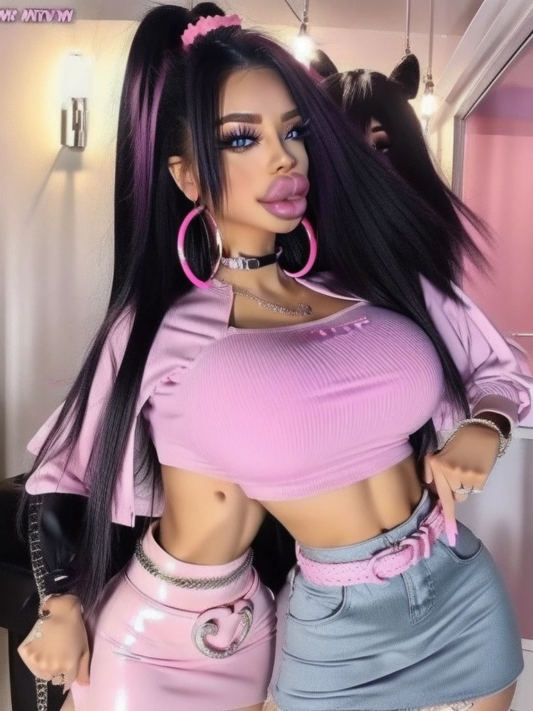 big belts, gothic miniskirt,big lips, huge lips, enormous lips, injected lips, bimbo lips, purple lips, pink lips, grin,Kawaii, cute, pretty, anime, pastel, neon, crop top, bracelet hoops, 
