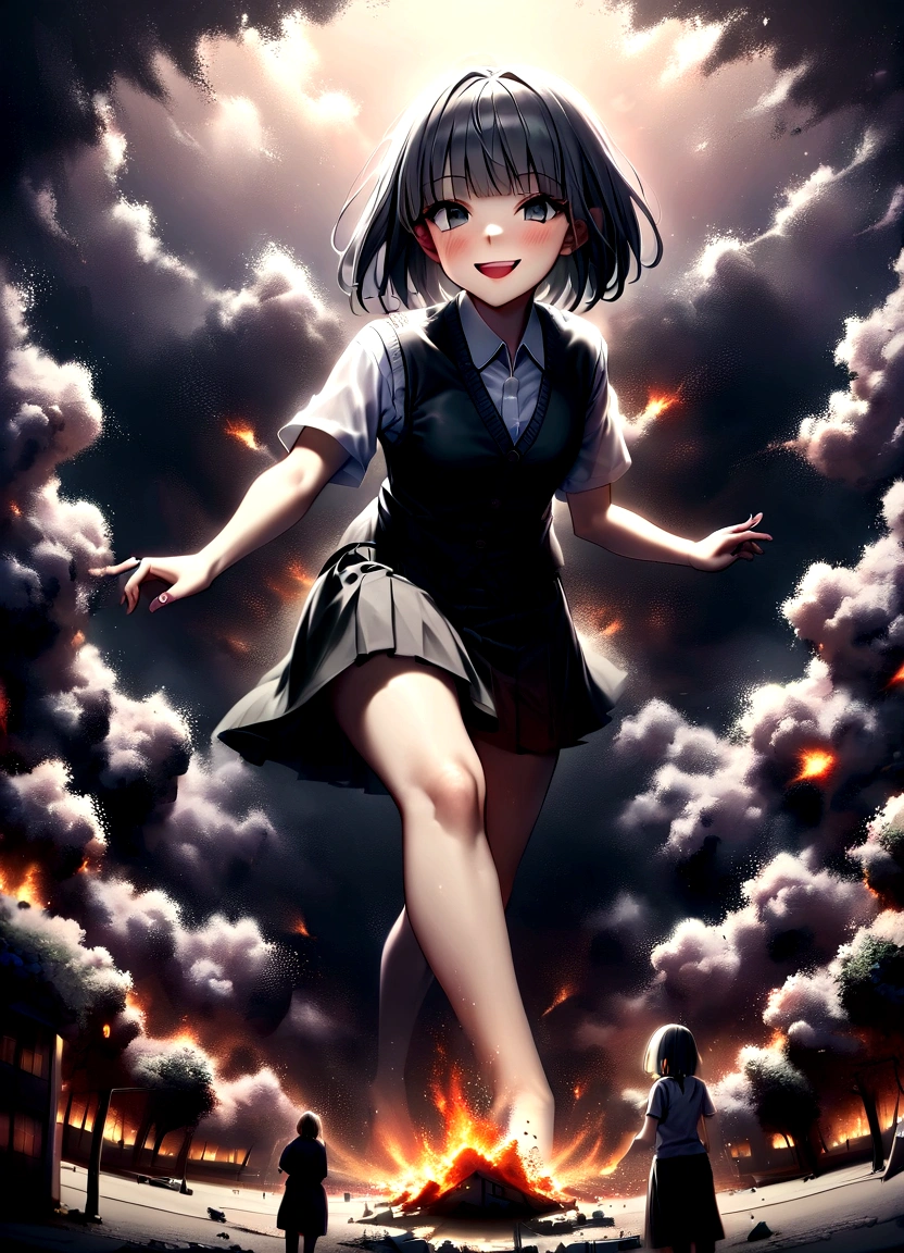 Horror、Scary face、Big Mouth、smile、Giantessによって破壊される街、The city is in panic、Giantess girl、Destroyed urban area、Low - Angle、walk、Highest quality、perfection、Beautiful woman、young、、Bob Hair、Grey vest、White short sleeve shirt、Black Skirt、summer、blush、Sunset、Beautiful scenery、Famous actresodel、Japanese、Sexy posing、giantess、Giantess、Destroyed urban area、explosion、fire、walk、Dark Imagery、A hopeless view、Realistic Cities、Realistic buildings