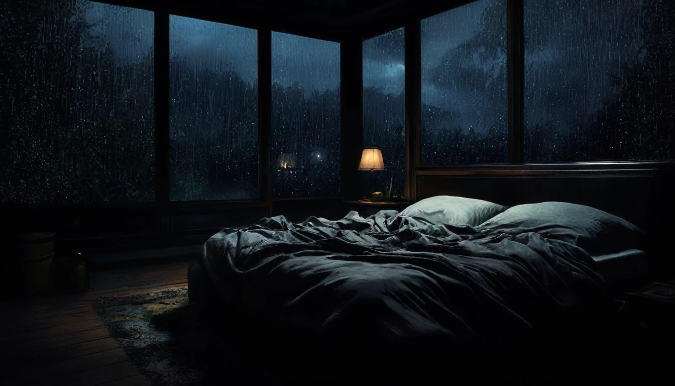 arafed bed in a dark room with a window and a lamp, dimly lit bedroom, dark bedroom, rainy night, gloomy weather. hyperrealistic, raining at night, late night raining, it is night and raining, inspired by Gregory Crewdson, rainy evening, moody night time scene, calm night. digital illustration, rainy stormy night, stormy weather at night