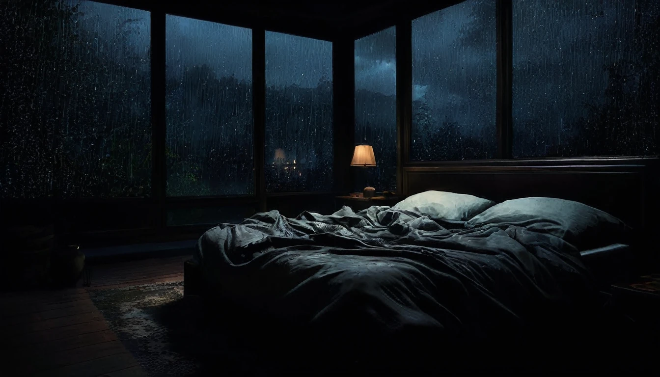 arafed bed in a dark room with a window and a lamp, dimly lit bedroom, dark bedroom, rainy night, gloomy weather. hyperrealistic, raining at night, late night raining, it is night and raining, inspired by Gregory Crewdson, rainy evening, moody night time scene, calm night. digital illustration, rainy stormy night, stormy weather at night