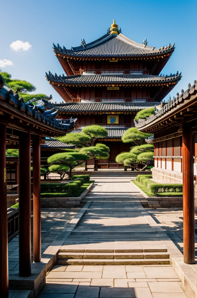 A palace with a mix of aztec architecture, Japanese architecture, Chinese architecture and Chinese architecture