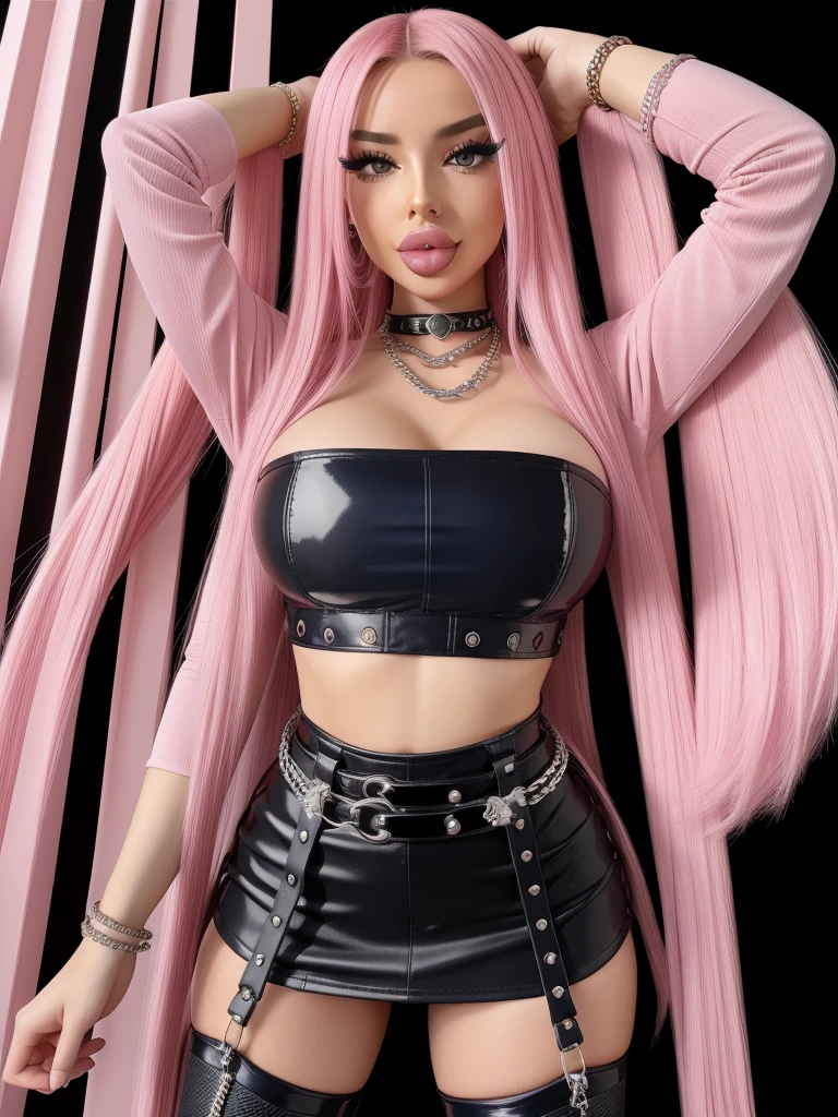 2 girls, An American woman、top long wave hair、Female sexy、 over-Knee-high boots with a high platform,big wide belts, leg belts, chains , crop top, hot jeans flared , top red blue hair big belts, gothic miniskirt,big lips, huge lips, enormous lips, injected lips, bimbo lips, purple lips, pink lips, grin,Kawaii, cute, pretty, anime, pastel, neon, crop top, bracelet hoops,