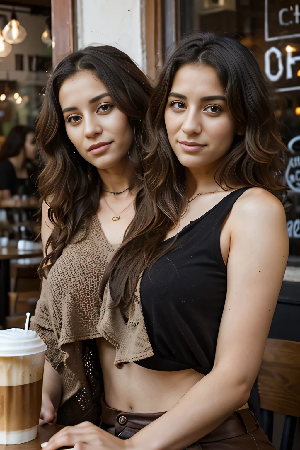 2heads, female couple, age 28, two heads on one body, one torso, hipsters, middle eastern, curly hair, hipster fashion, at a coffee shop,