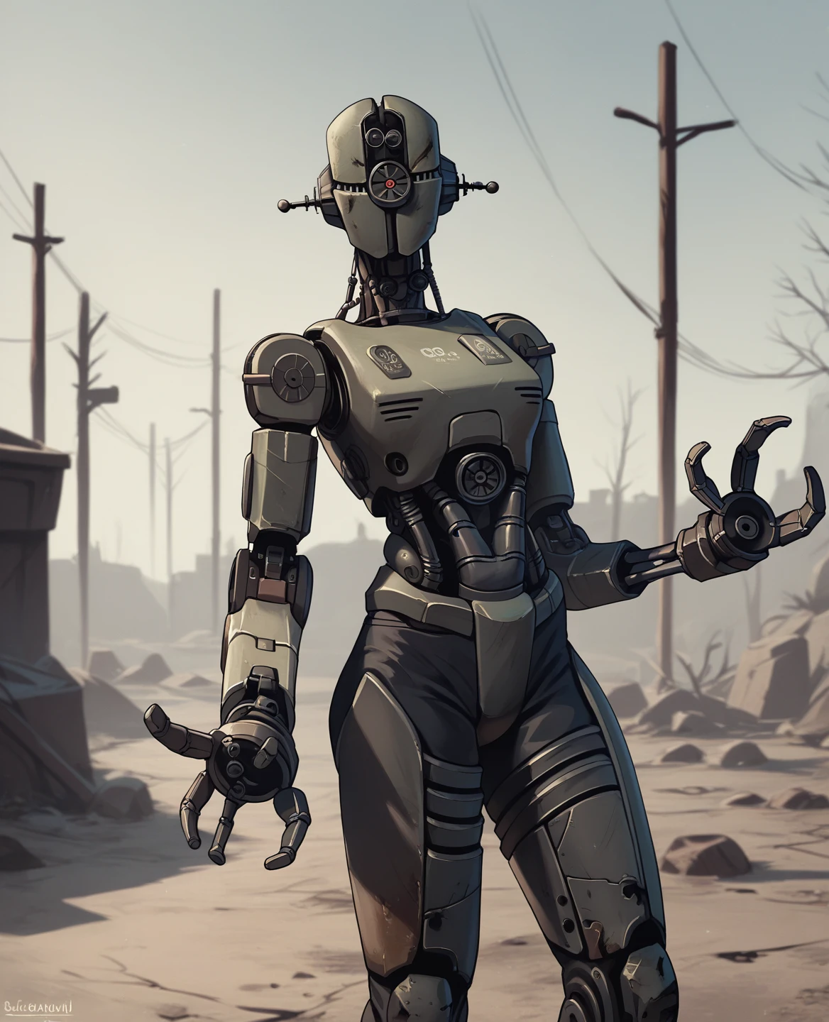 score_9, score_8_up, score_7_up, score_6_up, score_5_up, source_furry, assaultron, fallout, solo, looking at viewer, robot, humanoid robot, robot joints, one-eyed, joints, no humans, black skin, mechanical arms, science fiction, post-apocalypse, outside, robotic hand, 3 fingers, black and dark blue armor