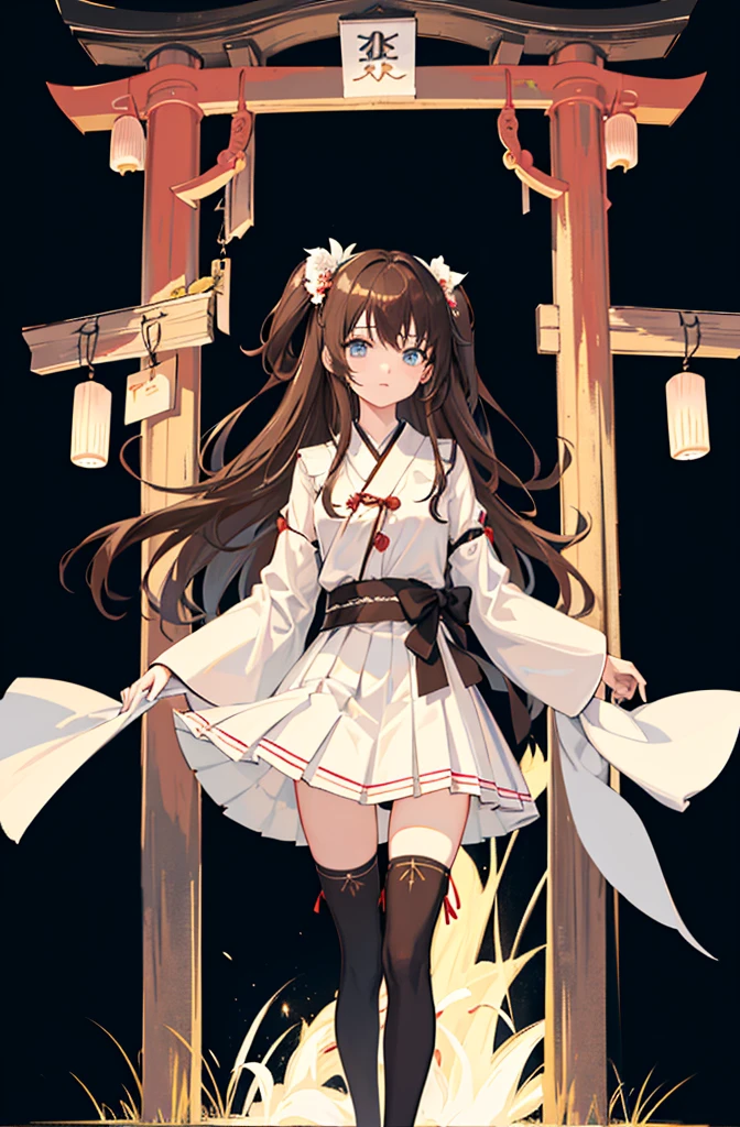 1girl, solo, outdoors, long hair, holy place, Original,(Illustration:1.1),(Best Quality),(masutepiece:1.1),(the Extremely Detailed CG Unity 8K Wallpapers:1.1), (Colorful:0.9),(mid-shot:0.95),(extremely detailed beautiful face),(Solo:1.2), (girl),(((Lori))), (Detailed beautiful eyes:1.15), (Beautiful face:1.15), (Glowing blue eyes:1.25////),(((Brown Long Hair))),(two side up),(+perfect hand+:1.21),(Draw illustration of Japan priestess costume),(slender),(White pleated skirt),(Gothic),((black thighhighs)),(frilld),(Beautiful Slender Lolita Girl),standing, girl,10 years old, girl,((japanese temple)),,((loli girl)),