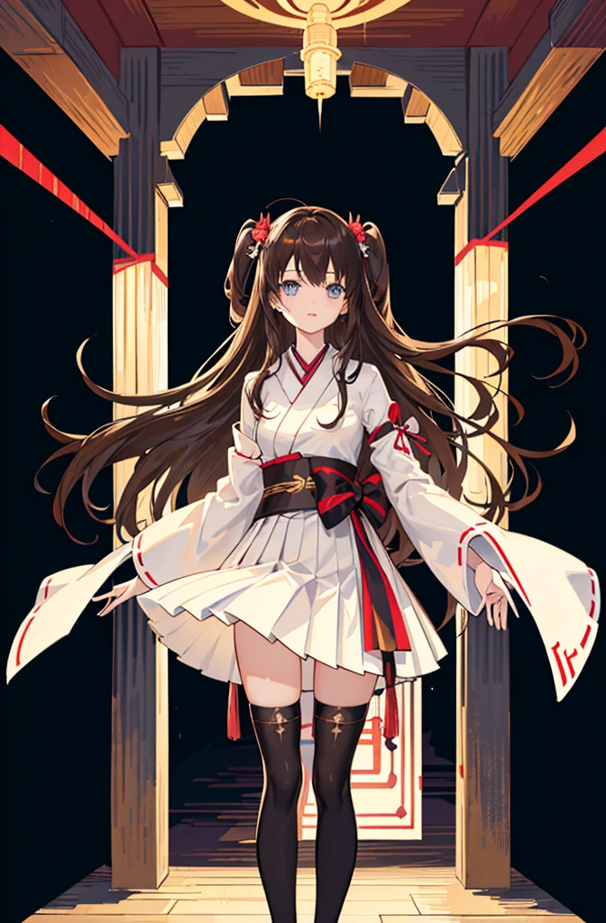 1girl, solo, outdoors, long hair, holy place, Original,(Illustration:1.1),(Best Quality),(masutepiece:1.1),(the Extremely Detailed CG Unity 8K Wallpapers:1.1), (Colorful:0.9),(mid-shot:0.95),(extremely detailed beautiful face),(Solo:1.2), (girl),(((Lori))), (Detailed beautiful eyes:1.15), (Beautiful face:1.15), (Glowing blue eyes:1.25////),(((Brown Long Hair))),(two side up),(+perfect hand+:1.21),(Draw illustration of Japan priestess costume),(slender),(White pleated skirt),(Gothic),((black thighhighs)),(frilld),(Beautiful Slender ta Girl),standing, girl,10 yirl,((japanese temple)),,((loli girl)),