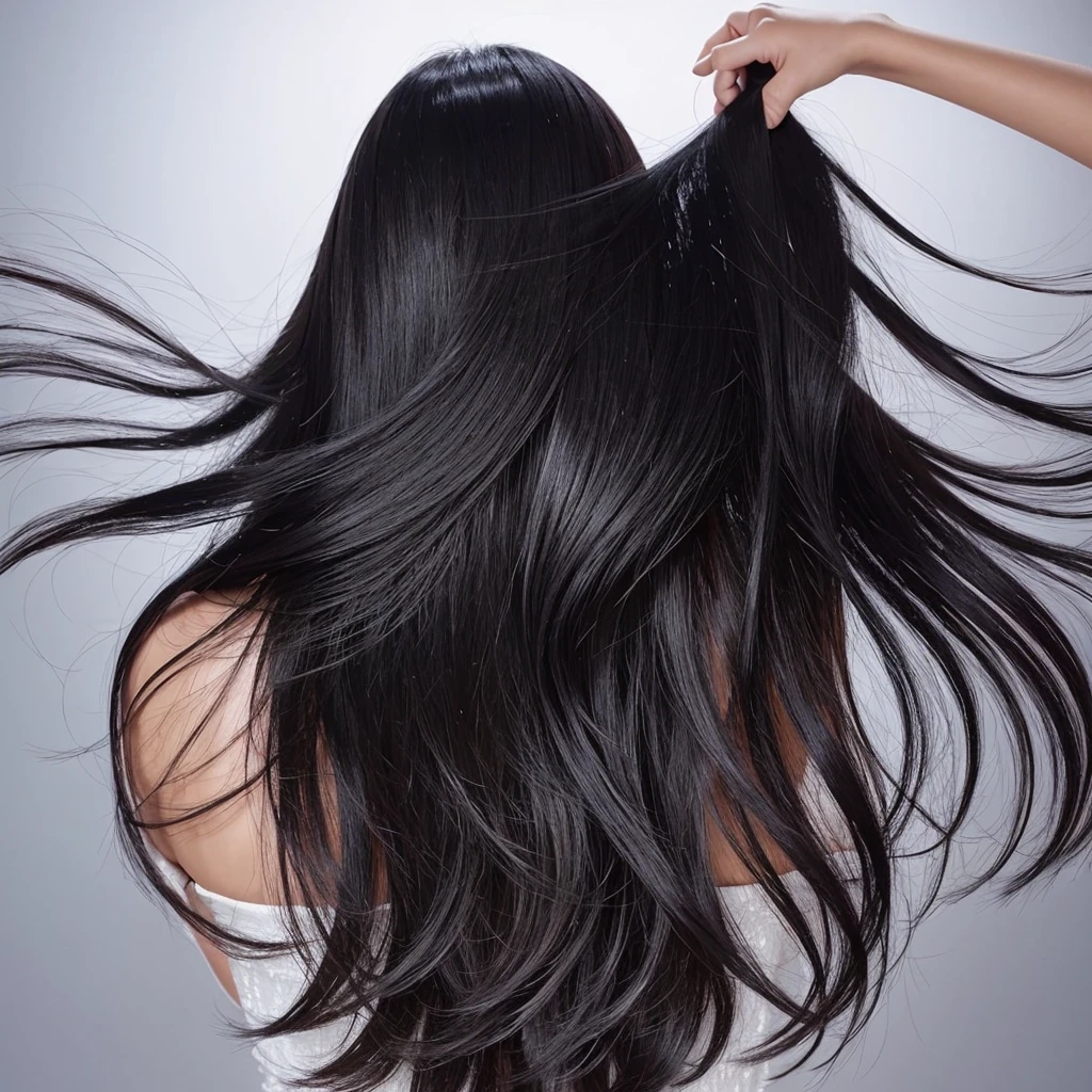 High quality, real photo, Japanese, black hair, shiny, beauty salon commercial, constant light intensity, only hair swaying, hair swaying in the wind, back view, silver background, hair length the same, only hair