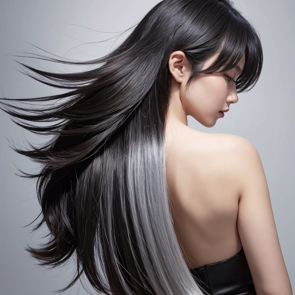 High quality, real photo, Japanese, black hair, shiny, beauty salon commercial, constant light intensity, only hair swaying, hair swaying in the wind, back view, silver background, hair length the same, only hair