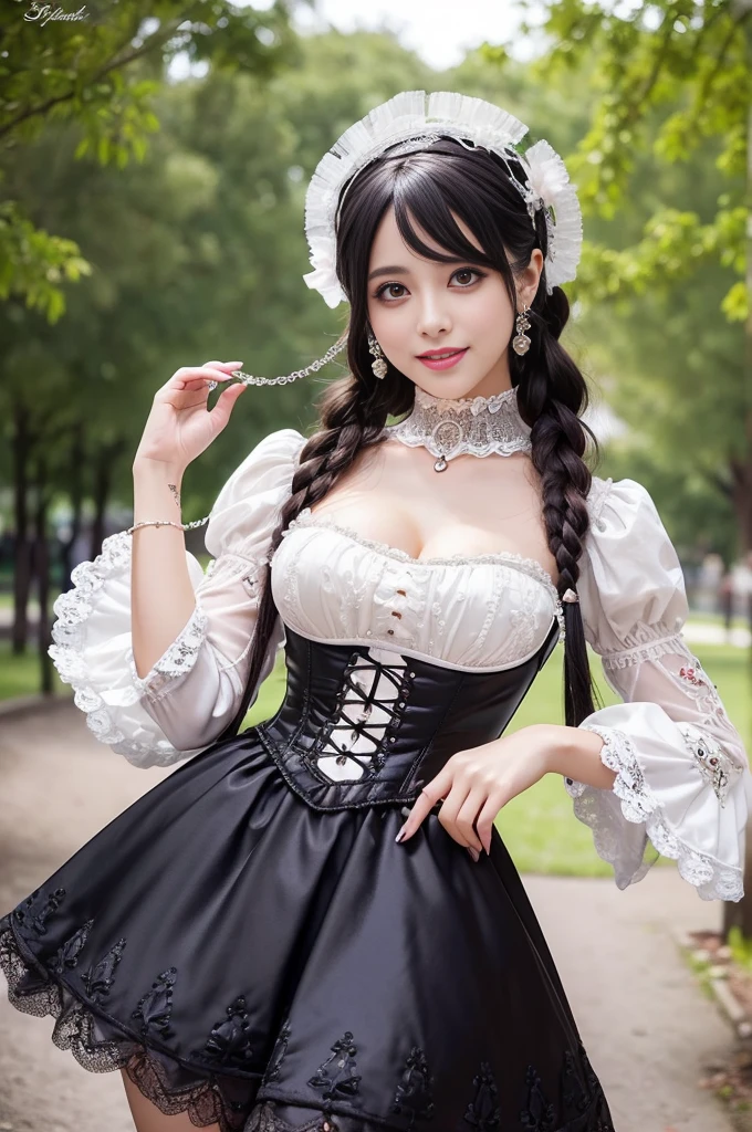 sexy stylish Spanish model, only 1 female, ((doll-like appearance)), ((very detailed Victorian-Style boots)), (happy smile), very detailed eyes, vivid eye makeup, lipgloss, long lashes, defined eyebrows, ((sexy Paradise Kiss cosplay)), bell-shaped skirt, petticoats, high neckline, puffed sleeves, ((very detailed lace)), ((very detailed embroidery)), intricate details, Paradise Kiss accessoires and matching headpiece, Paradise Kiss choker, ((large sparkling Paradise Kiss jewelry)), cinematic light, detailed large park background with trees