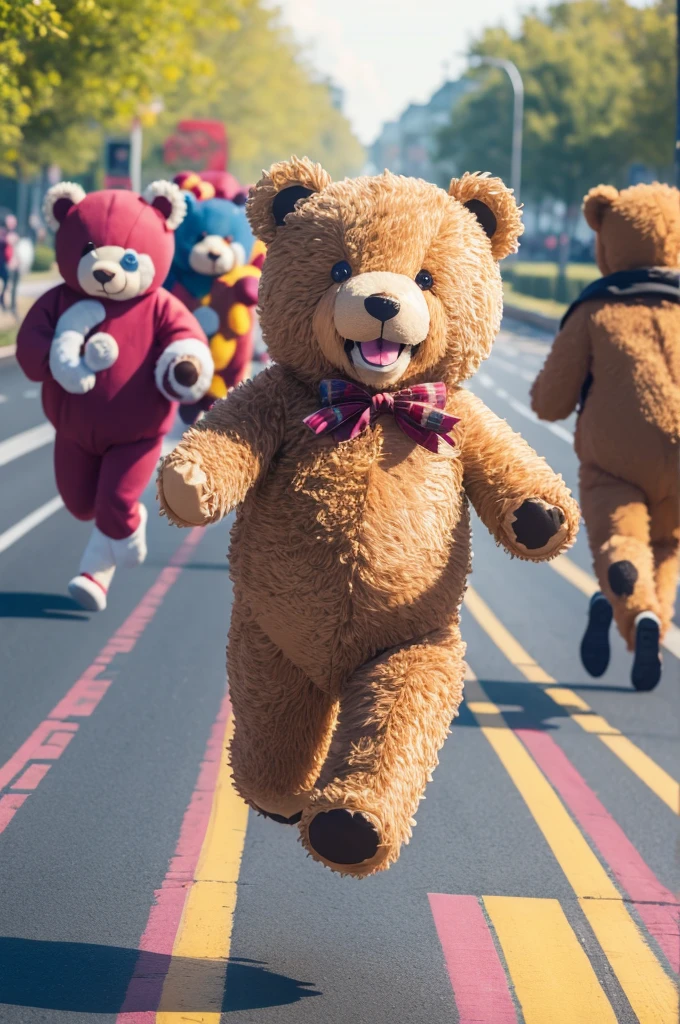 Many happy teddy bears playing smiling running colorful