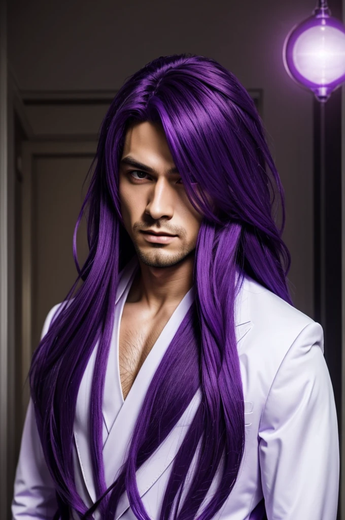 Handsome anime boy with long purple hair and glowing violet eyes and a royalty suit