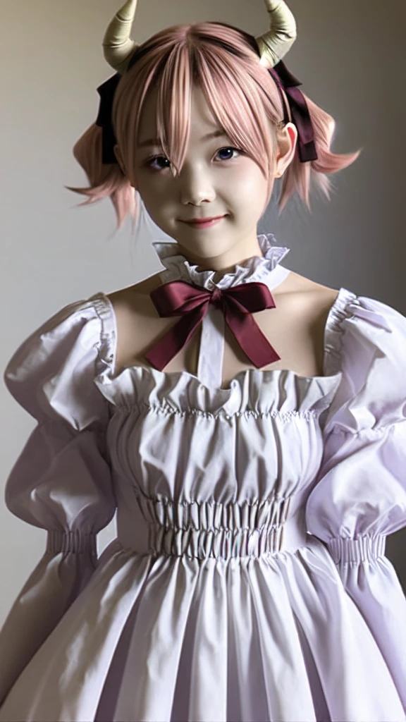 line eye,One girl,alone,Short Twin Tails,Hair between the eyes,Pink Hair,Medium Hair,Devil horns,Dark red hair ribbon,Pointed Ears,Purple eyes,smile,
Ruffled shirt collar,Dark red choker,White frill shirt,Juliet Sleeve,Long sleeve,Dark red neck ribbon,Dark red dress,White ruffle dress,White layered dress,Brown corset,Striped pantyhose,
Mary Jane,Outdoor,, Amazing visuals, High resolution,masterpiece,Highest quality,Amazing visuals,High resolution,masterpiece,Highest quality,18-year-old,young woman,Beautiful fingers,Beautiful long legs,Beautiful body,Beautiful character design,