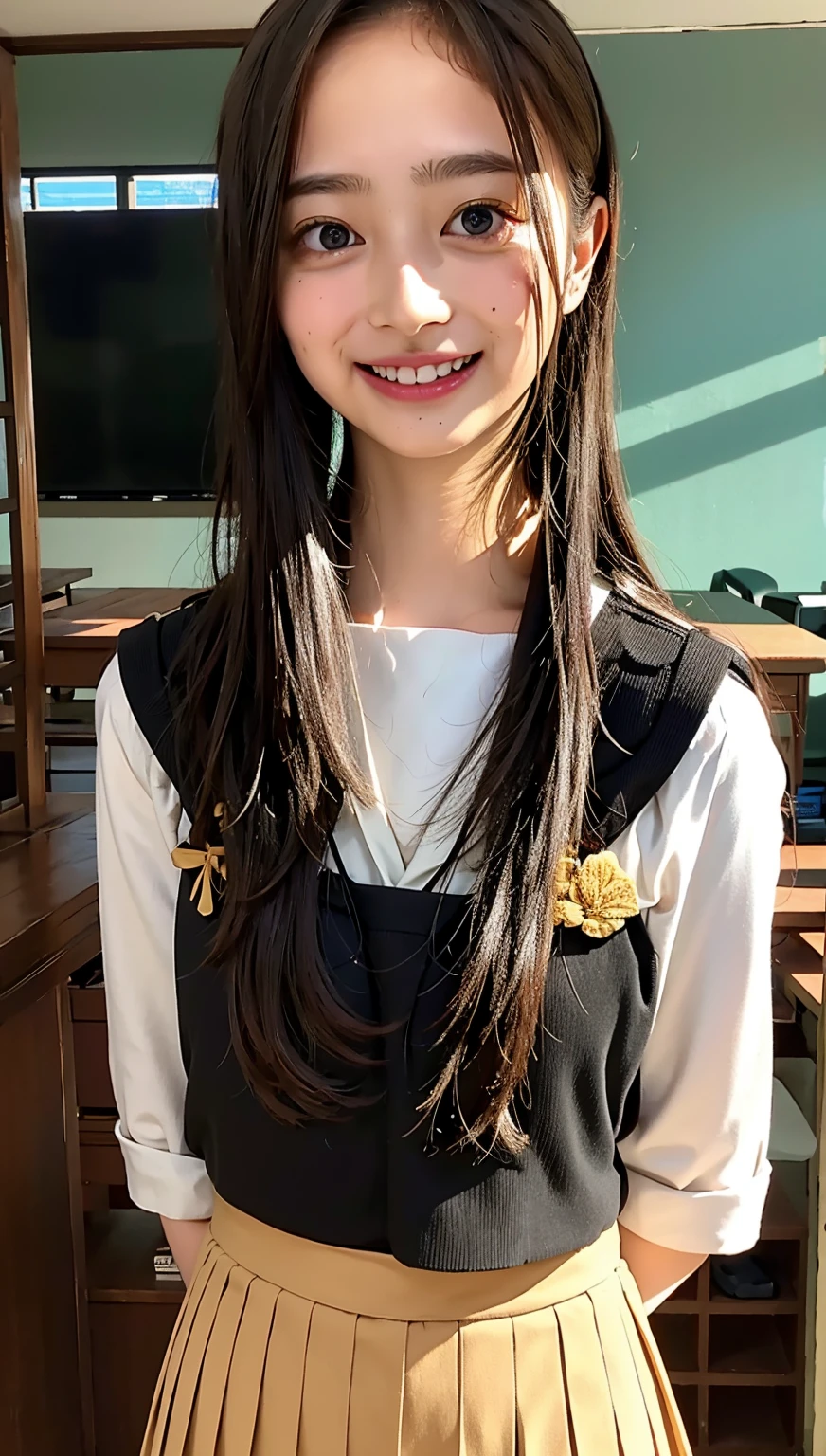 (((upper body shot))),Ultra-high resolution,big eyes,((brown eyes)),Japanese,(forehead),(a girl),(1 girl),((17 years old)),(cute),pretty,((facing at viewer)),arms behind back,grin,((black school sailor uniform)),pleated skirt,classroom