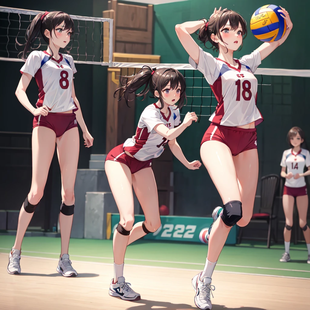 (masterpiece, best quality: 1.2), pretty girl, 18 yo,short hair,(medium breasts), slender, detailed eyes, beautiful legs, slim-legs,shiny skin, blush,panicked look,blush,(detailed wearing volleyball uniform),(detailed bottom full-buruma), (volleyball court),(playing volleyball:1.2),sneakers,