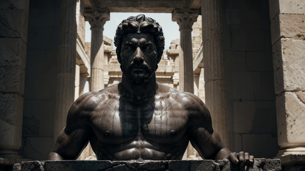 a portrait statue of the stoic Marcus Aurelius in black and white 4K, Super realistic ANCIENT GREEK RUINS, fully body, corpo stark, brawny, stark, wearing no shirt, tronco stark, stark, wearing no shirt, strong arms, 8K, ultra realisitic, cinematographic