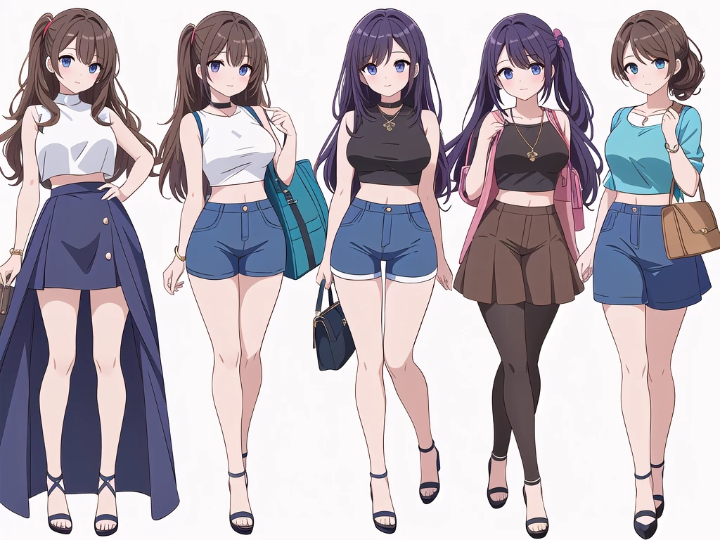 (((Best Quality))) , ((full body)), 4 lady, adult woman, multiple views, (((white background,))) variety of hairstyles, variety of fashion styles, seductive pose, fashionable and trendy atmosphere, holding bag, walk pose, dark blue/dark orange/dark green/dark violet/brown/white, short pants, crop top,