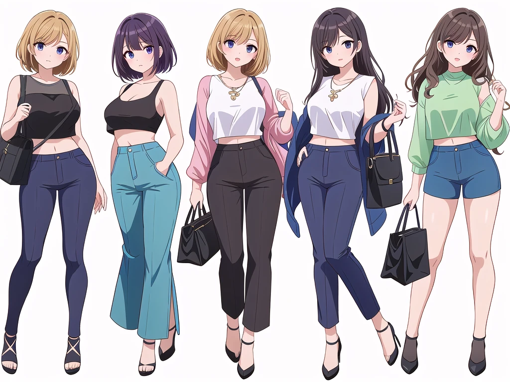 (((Best Quality))) , ((full body)), 4 lady, adult woman, multiple views, (((white background,))) variety of hairstyles, variety of fashion styles, seductive pose, fashionable and trendy atmosphere, holding bag, walk pose, dark blue/dark orange/dark green/dark violet/brown/white, short pants, crop top,
