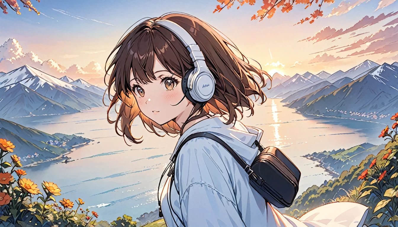 Girl wearing headphones,Brown Hair,One girl,The background is a sunset,I can see the mountains