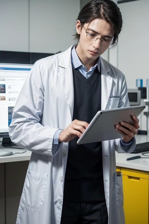 doctor in a lab coat using a tablet