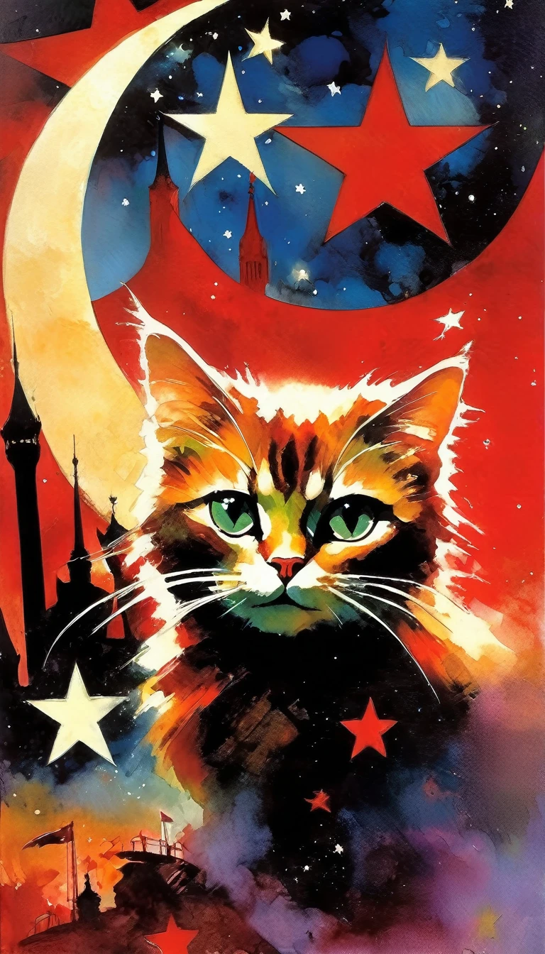 1communist cat, red star, magic, fantastic, night sky, moon, stars, background, Moscow (art inspired in Bill Sienkiewicz). oil painting)