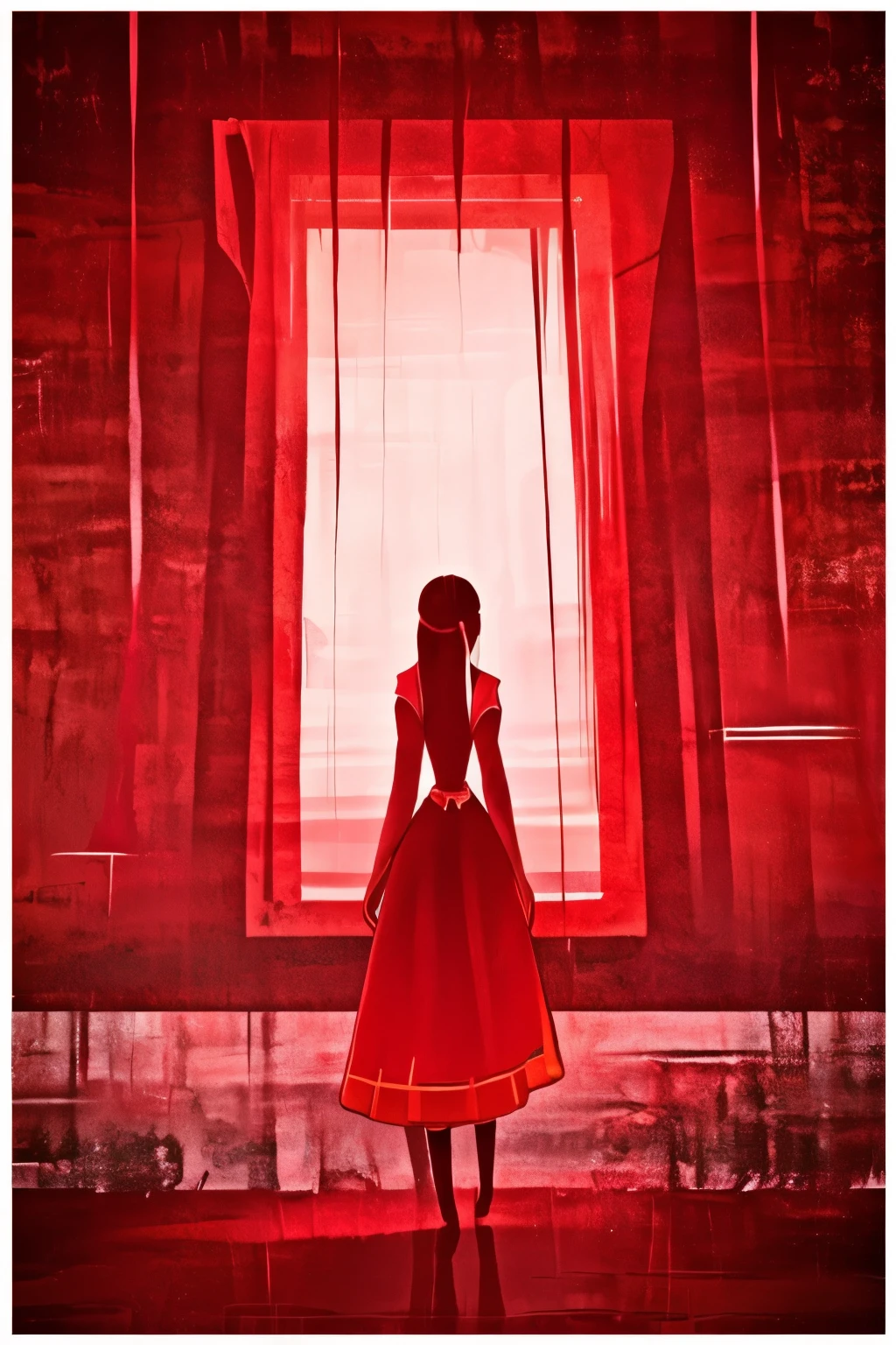 1 Female, (((In front of me is a huge, bright red canvas.))), Alone in an empty, red world, A red canvas appears before my eyes, ((The whole wall is red)),(((Red represents passion)))