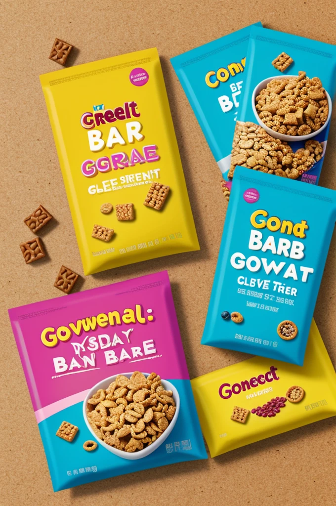 Generate a cereal bar brand, with bright and attractive colors