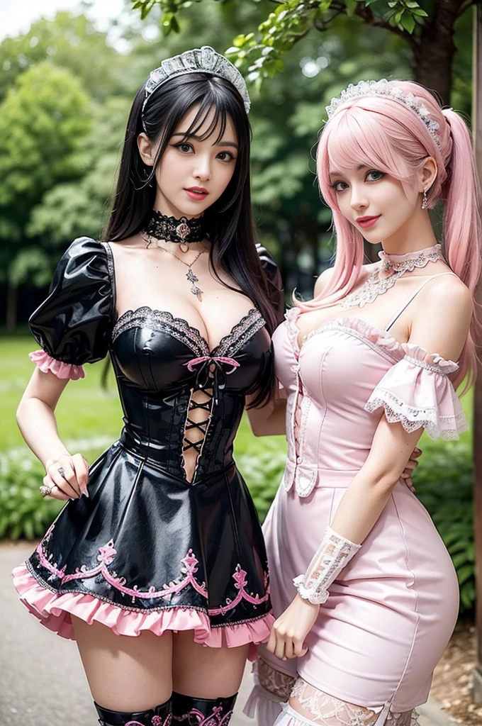 sexy stylish Swedish model, only 1 female, ((doll-like appearance)), long neon pink stylish hair, ((shiny Victorian-Style boots)), (happy smile), ultra detailed eyes, very detailed eye makeup, lipgloss, long lashes, defined eyebrows, ((sexy Paradise Kiss cosplay)), bell-shaped skirt, petticoats, high neckline, puffed sleeves, ((ultra detailed lace)), ((ultra detailed embroidery)), intricate details, Paradise Kiss accessoires and matching headpiece, choker, ((large sparkling Paradise Kiss jewelry)), cinematic light, detailed large park background with trees