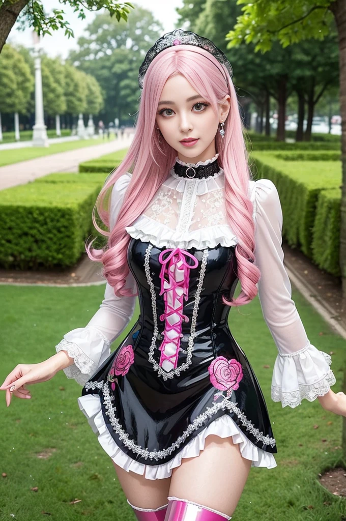 sexy stylish Swedish model, only 1 female, ((doll-like appearance)), long neon pink stylish hair, ((shiny Victorian-Style boots)), (happy smile), ultra detailed eyes, very detailed eye makeup, lipgloss, long lashes, defined eyebrows, ((sexy Paradise Kiss cosplay)), bell-shaped skirt, petticoats, high neckline, puffed sleeves, ((ultra detailed lace)), ((ultra detailed embroidery)), intricate details, Paradise Kiss accessoires and matching headpiece, choker, ((large sparkling Paradise Kiss jewelry)), cinematic light, detailed large park background with trees