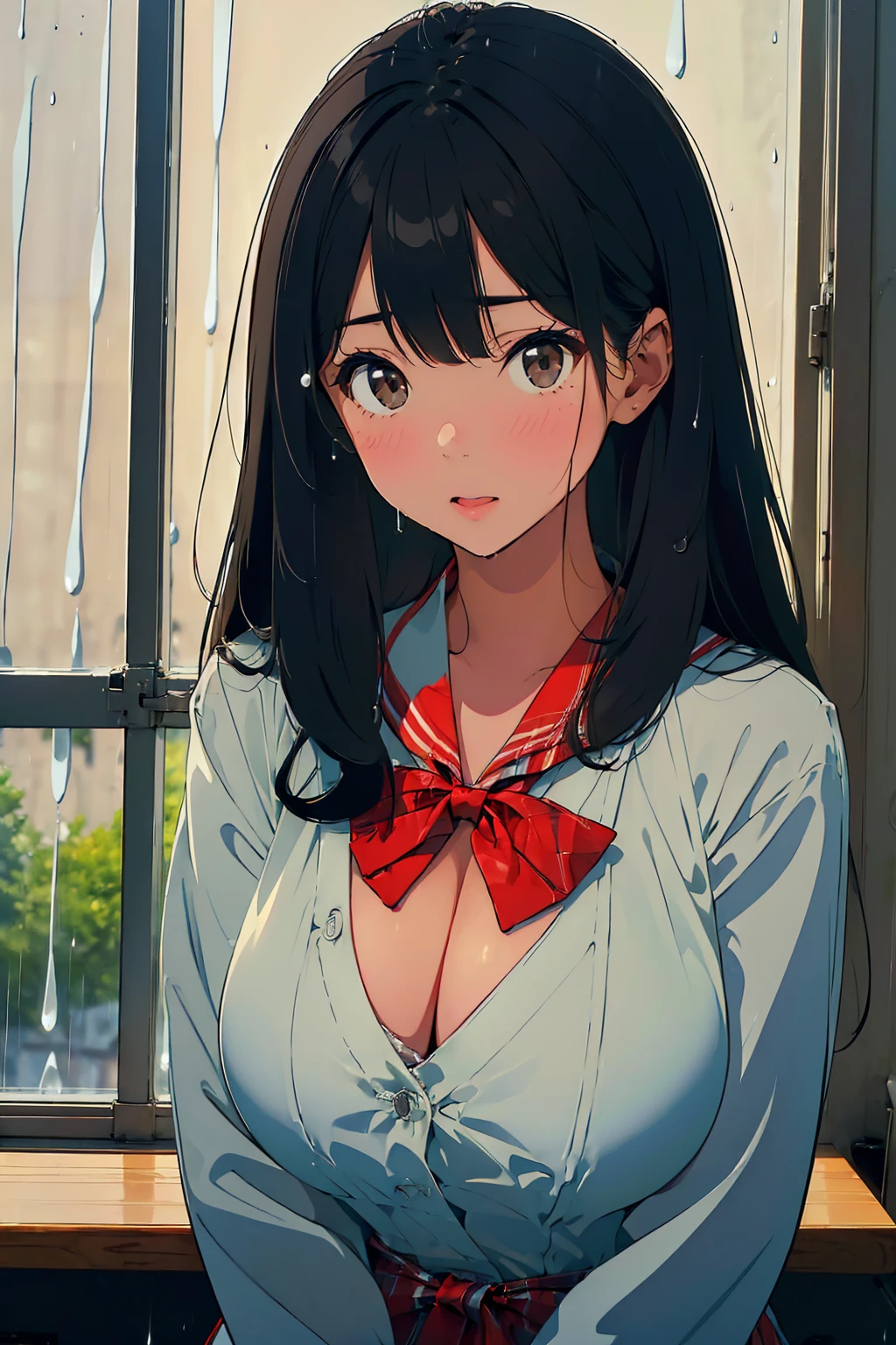 (masterpiece:1.6),(best quality:1.6), (ultra high res1.2),perfect proportion,(dark hair:1), ( black hair:1), (black eyes:1.1),(beautiful Busty breasts:1.5), (beautiful girl:1.4),18age, a girl,a beautiful girl, (medium bob hair:1.2),a sexy mole around the mouth,open mouth,(aroused:1.3), (embarrassed:1.3), blush,(Raincoat:1.1),Sheer uniform, Black Bra, (school uniform1),a red Checked bow tie, (upper body shot:1.1),Morning school hours, ((rain, rain降り:1.3)), Raincoatを着て, 