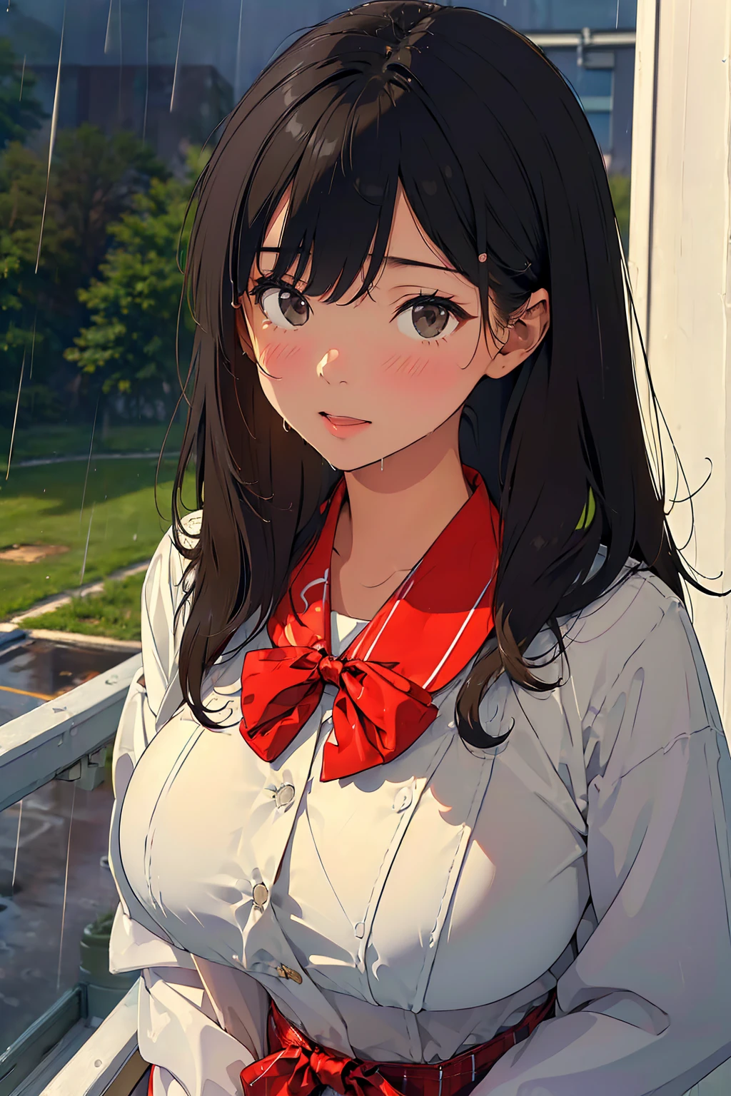 (masterpiece:1.6),(best quality:1.6), (ultra high res1.2),perfect proportion,(dark hair:1), ( black hair:1), (black eyes:1.1),(beautiful Busty breasts:1.5), (beautiful girl:1.4),18age, a girl,a beautiful girl, (medium bob hair:1.2),a sexy mole around the mouth,open mouth,(aroused:1.3), (embarrassed:1.3), blush,(Raincoat:1.1),Sheer uniform, Black Bra, (school uniform1),a red Checked bow tie, (upper body shot:1.1),Morning school hours, ((rain, rain降り:1.3)), Raincoatを着て, 