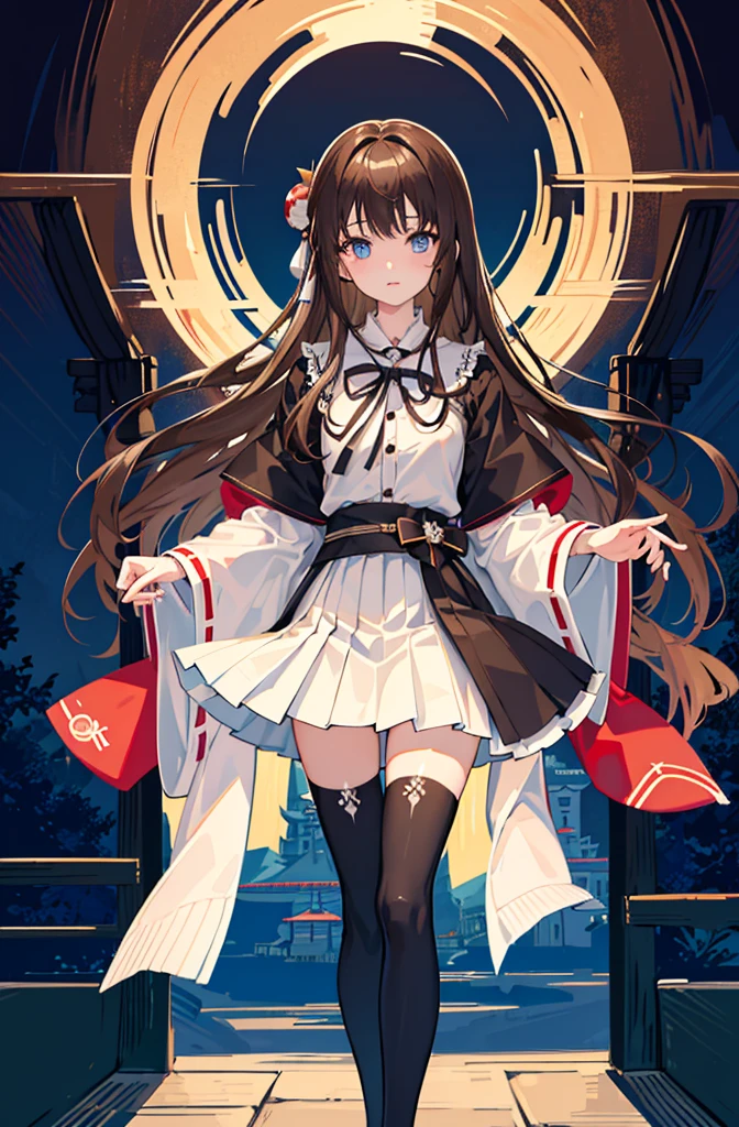 1girl, solo, outdoors, long hair, holy place, Original,(Illustration:1.1),(Best Quality),(masutepiece:1.1),(the Extremely Detailed CG Unity 8K Wallpapers:1.1), (Colorful:0.9),(mid-shot:0.95),(extremely detailed beautiful face),(Solo:1.2), (girl),(((Lori))), (Detailed beautiful eyes:1.15), (Beautiful face:1.15), (Glowing blue eyes:1.25////),(((Brown Long Hair))),(two side up),(+perfect hand+:1.21),(Draw illustration of Japan priestess costume),(slender),(White pleated skirt),(Gothic),((black thighhighs)),(frilld),(Beautiful Slender Lolita Girl),standing, girl,10 years old, girl,foggy place,((loli girl)),((japanese temple)),