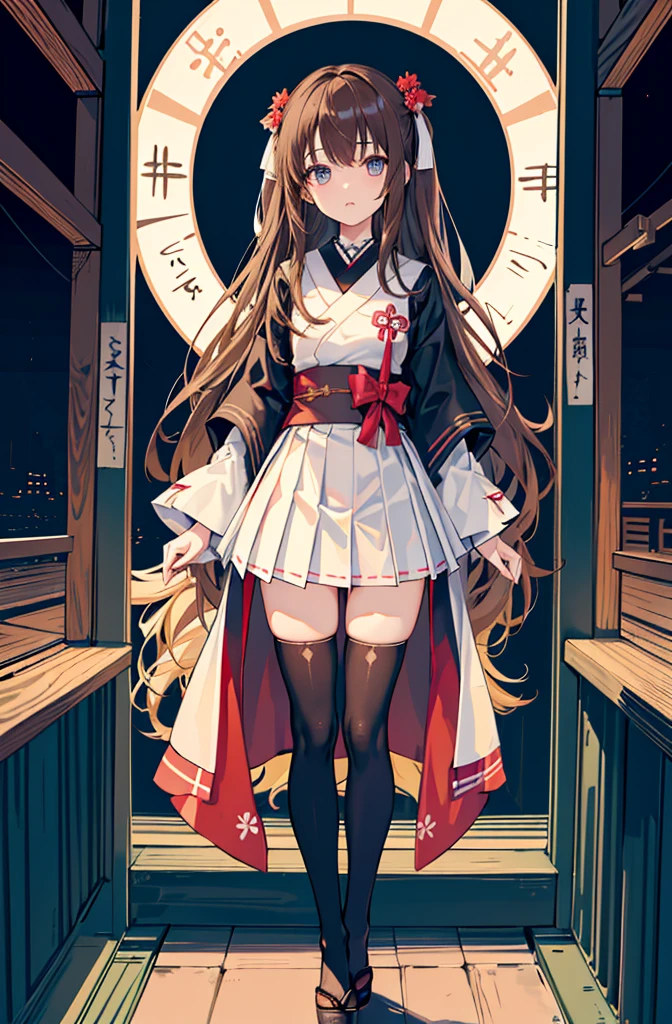 1girl, solo, outdoors, long hair, holy place, Original,(Illustration:1.1),(Best Quality),(masutepiece:1.1),(the Extremely Detailed CG Unity 8K Wallpapers:1.1), (Colorful:0.9),(mid-shot:0.95),(extremely detailed beautiful face),(Solo:1.2), (girl),(((Lori))), (Detailed beautiful eyes:1.15), (Beautiful face:1.15), (Glowing blue eyes:1.25////),(((Brown Long Hair))),(two side up),(+perfect hand+:1.21),(Draw illustration of Japan priestess costume),(slender),(White pleated skirt),(Gothic),((black thighhighs)),(frilld),(Beautiful Slender ta Girl),standing, girl,10 yirl,foggy place,((loli girl)),((jase temple)),