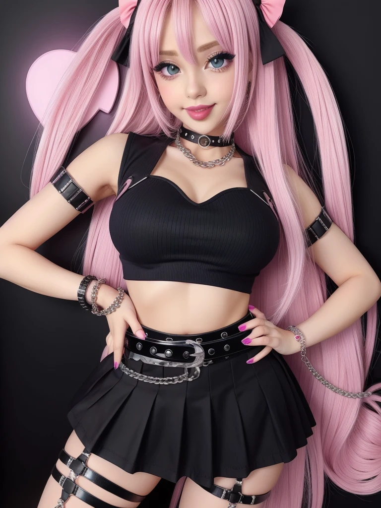 big belts, gothic miniskirt,big lips, huge lips, enormous lips, injected lips, bimbo lips, purple lips, pink lips, grin,Kawaii, cute, pretty, anime, pastel, neon, crop top, bracelet hoops, 