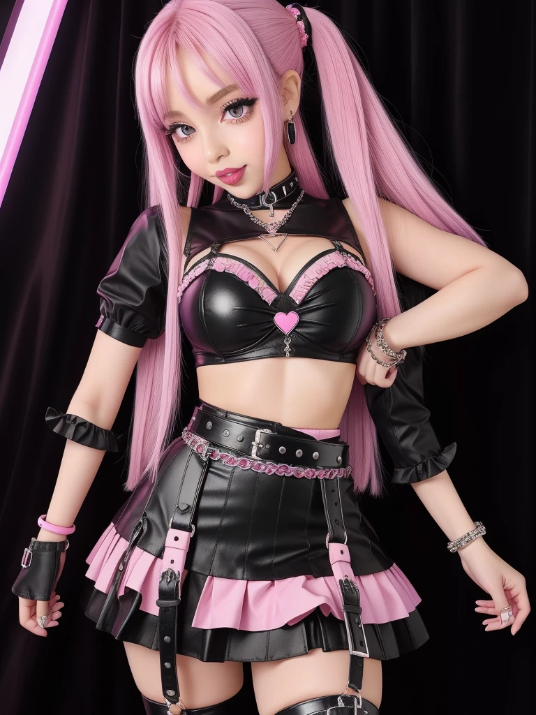 big belts, gothic miniskirt,big lips, huge lips, enormous lips, injected lips, bimbo lips, purple lips, pink lips, grin,Kawaii, cute, pretty, anime, pastel, neon, crop top, bracelet hoops,